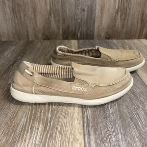 Crocs Walu II Canvas Loafer Boat Shoes 14391 Khaki Beige Stucco Womens US Size 7